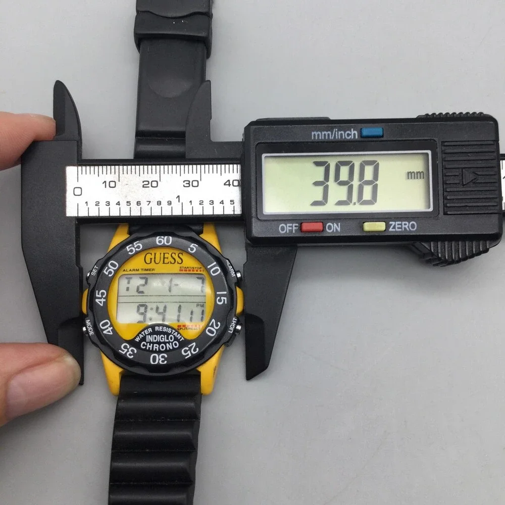 Vintage Guess Indiglo Chrono Men Watch 40mm Yellow Dial Black Rubber New Battery